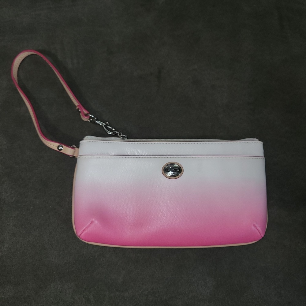 Coach Wristlet Clutch Pink White Ombre Leather Small Purse Phone Holder Zipper